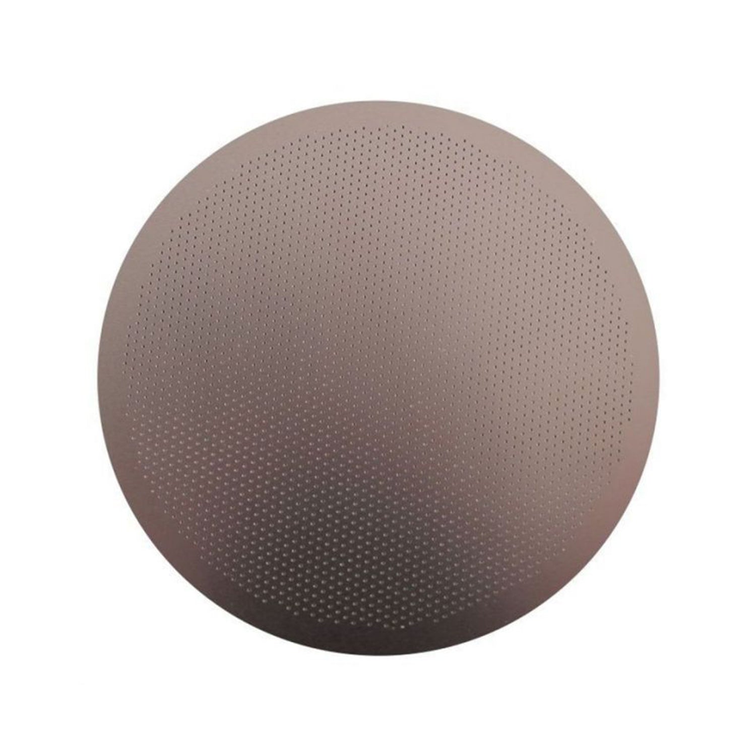 A circular metal filter with small perforations throughout, designed for use with an AeroPress coffee maker.