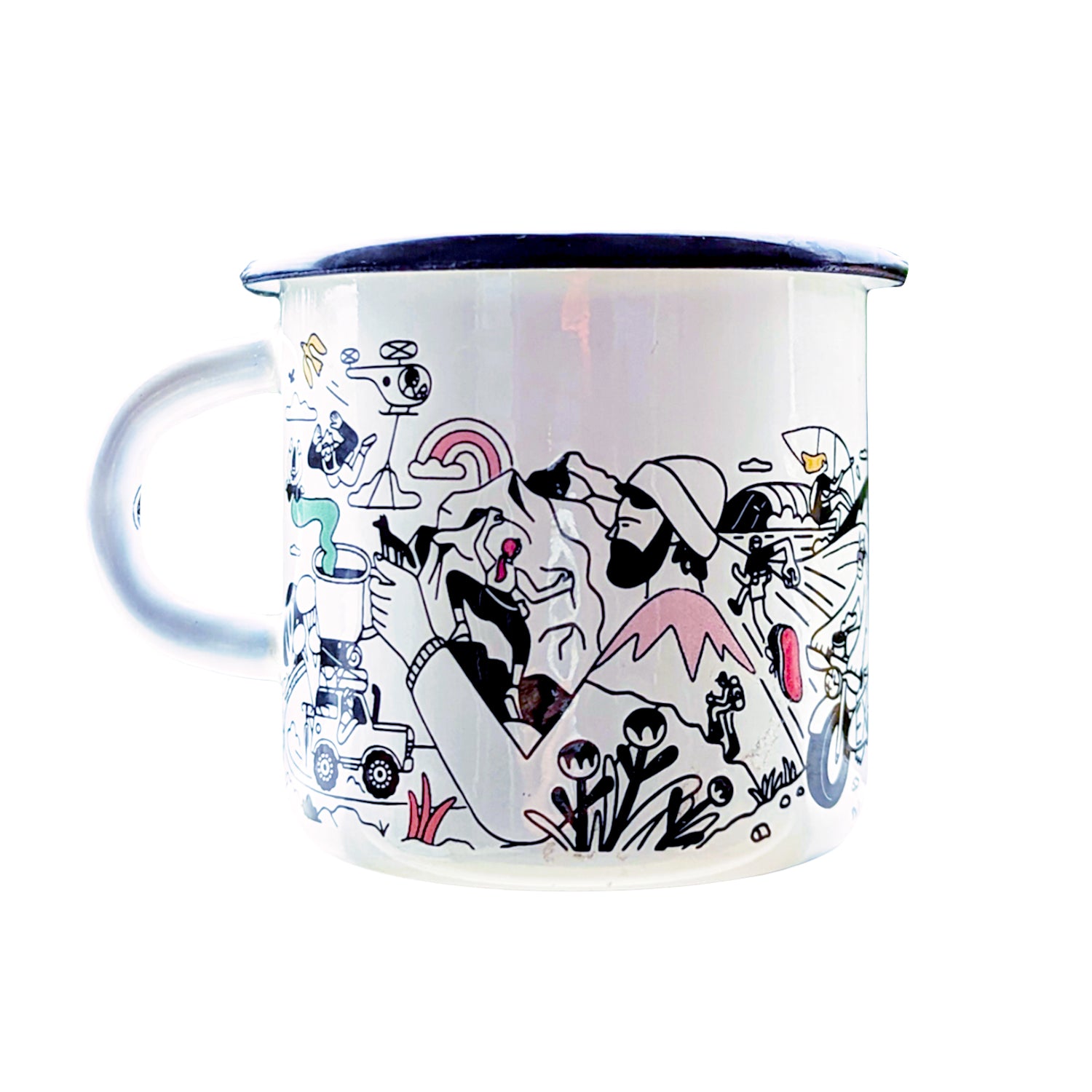 Exhale enamel mug with colourful abstract designs on a white background