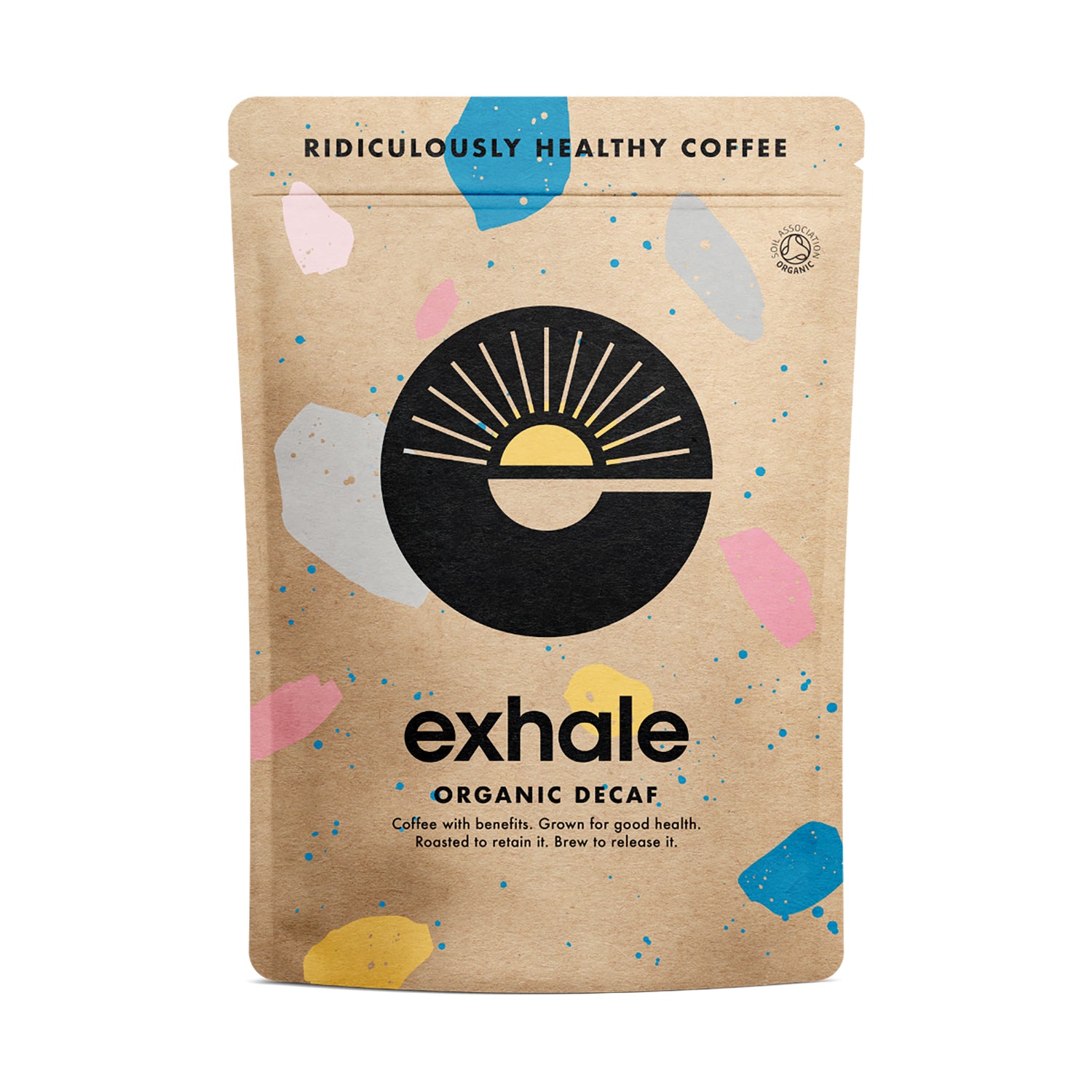 A package of Exhale Organic Decaf coffee with a colourful design featuring pastel colours and a sun graphic logo.