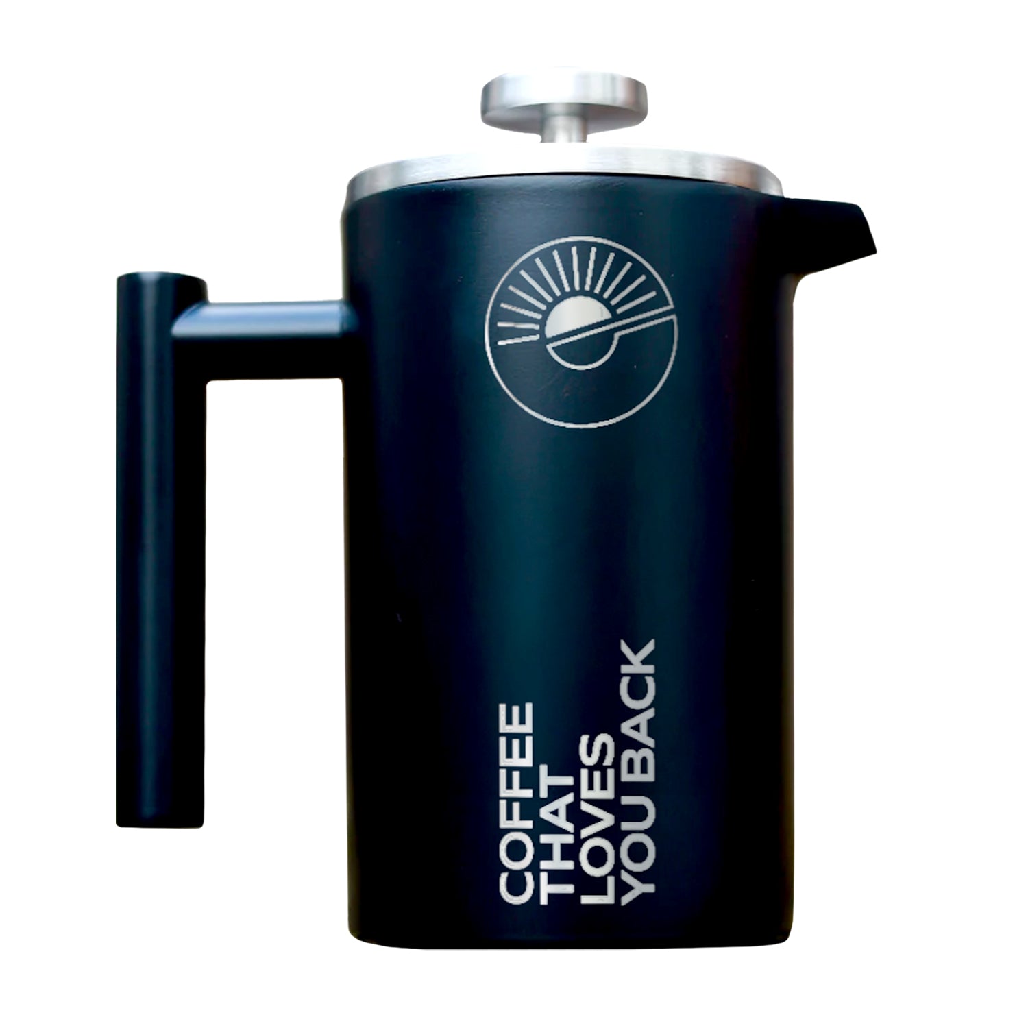 Black French press coffee maker with text 'Coffee That Loves You Back' and the 'exhale' logo on a white background