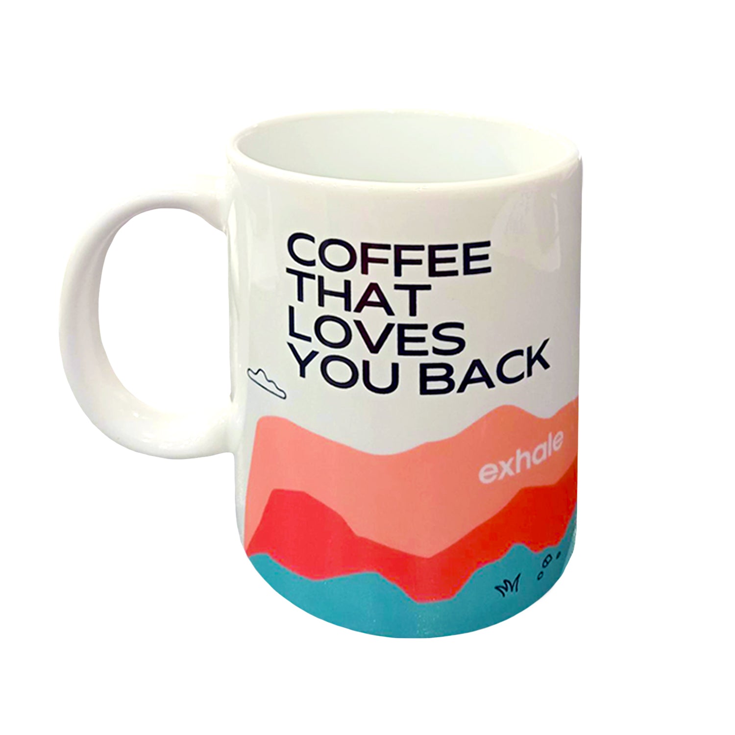 Exhale mug with 'Coffee That Loves You Back' text and colourful design on a white background