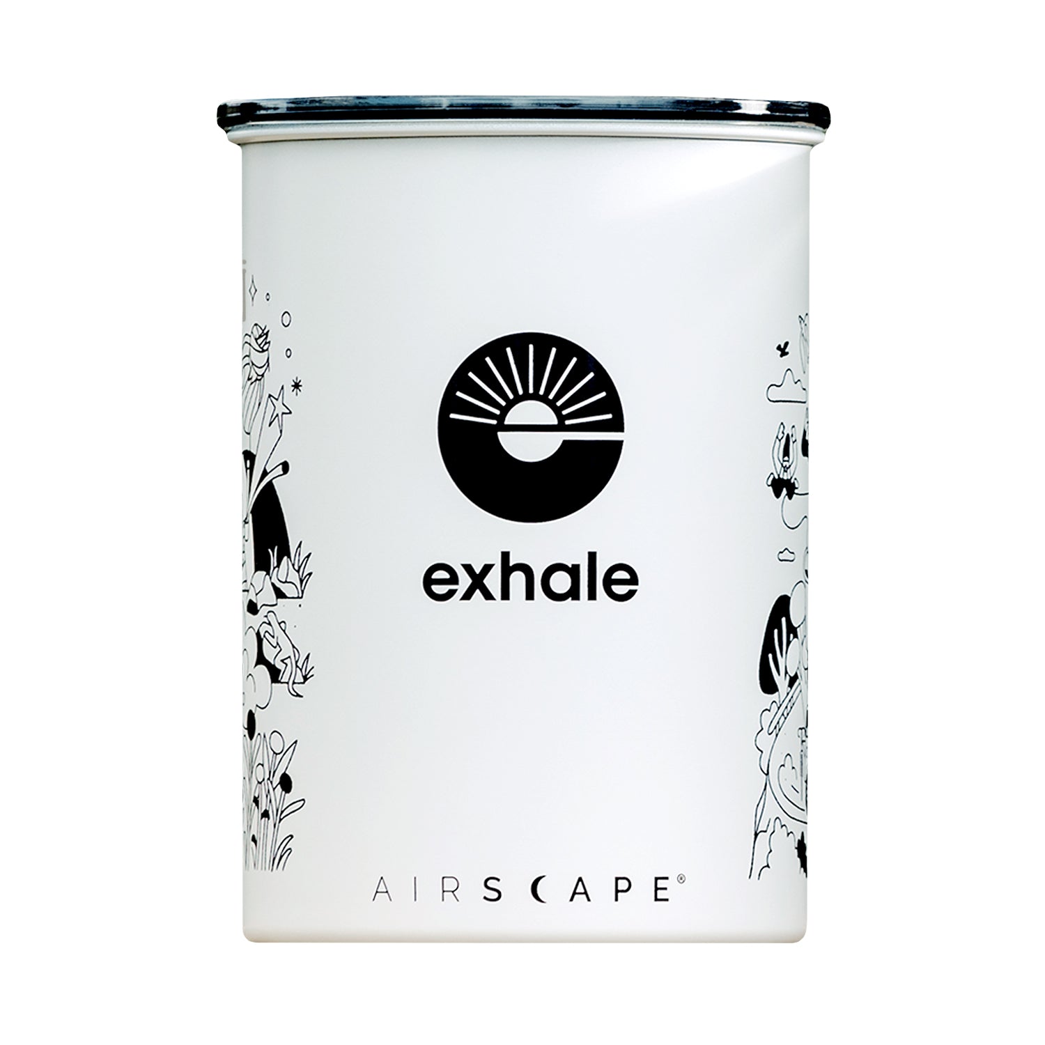 White container with 'exhale' branding and black illustrations on a white background