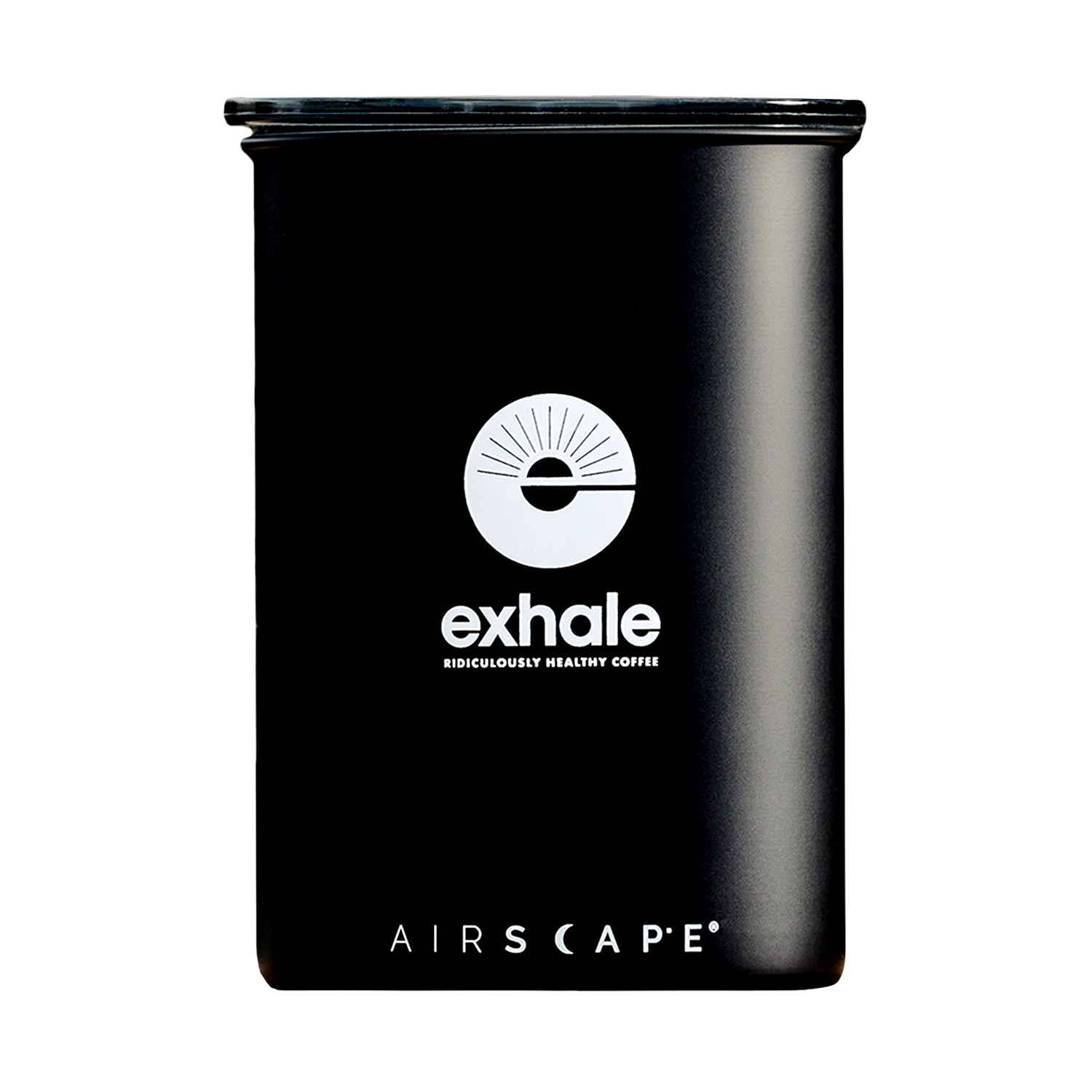 Black airscape container with 'exhale' logo on a white background