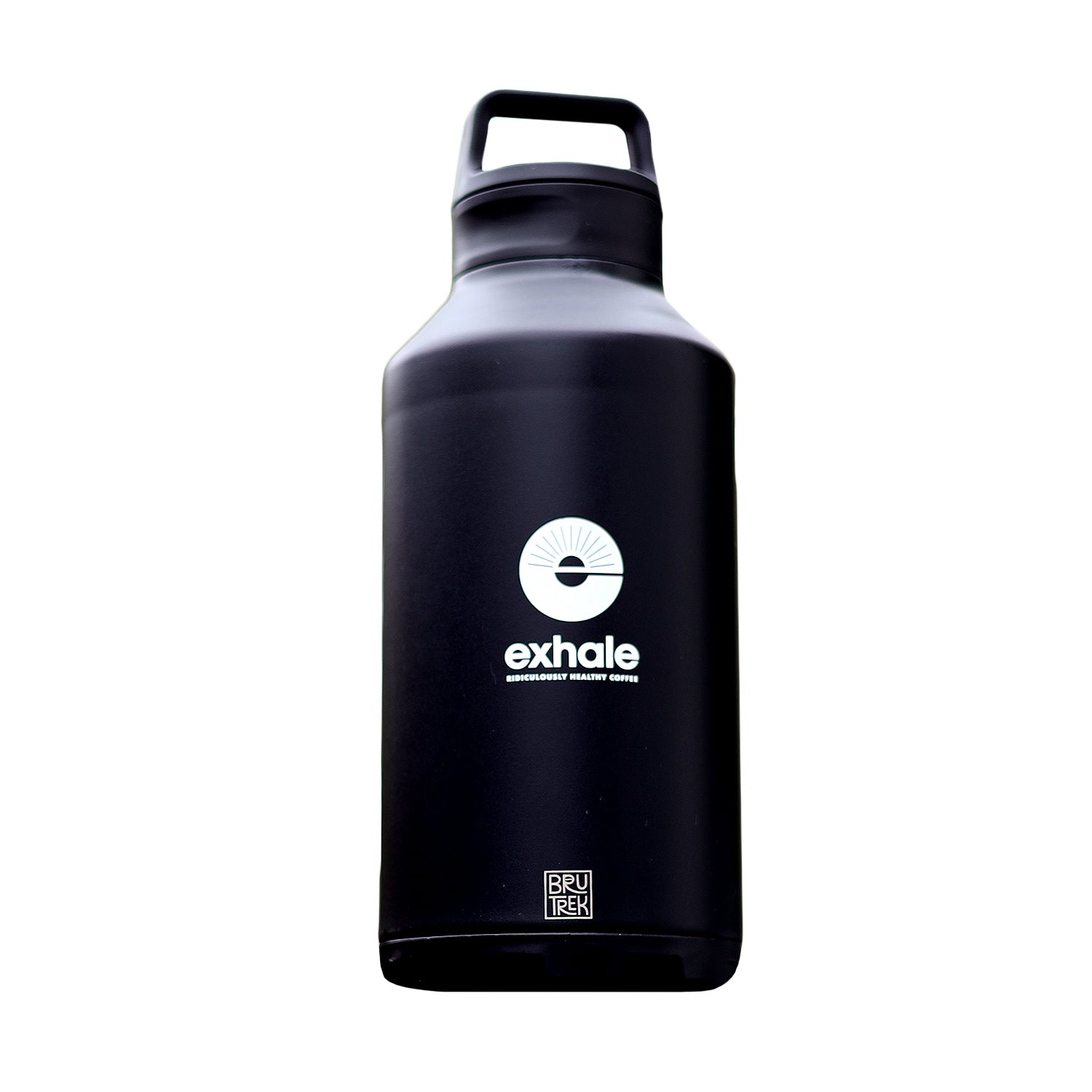 Black BruTrekker water bottle with 'exhale' logo on a white background