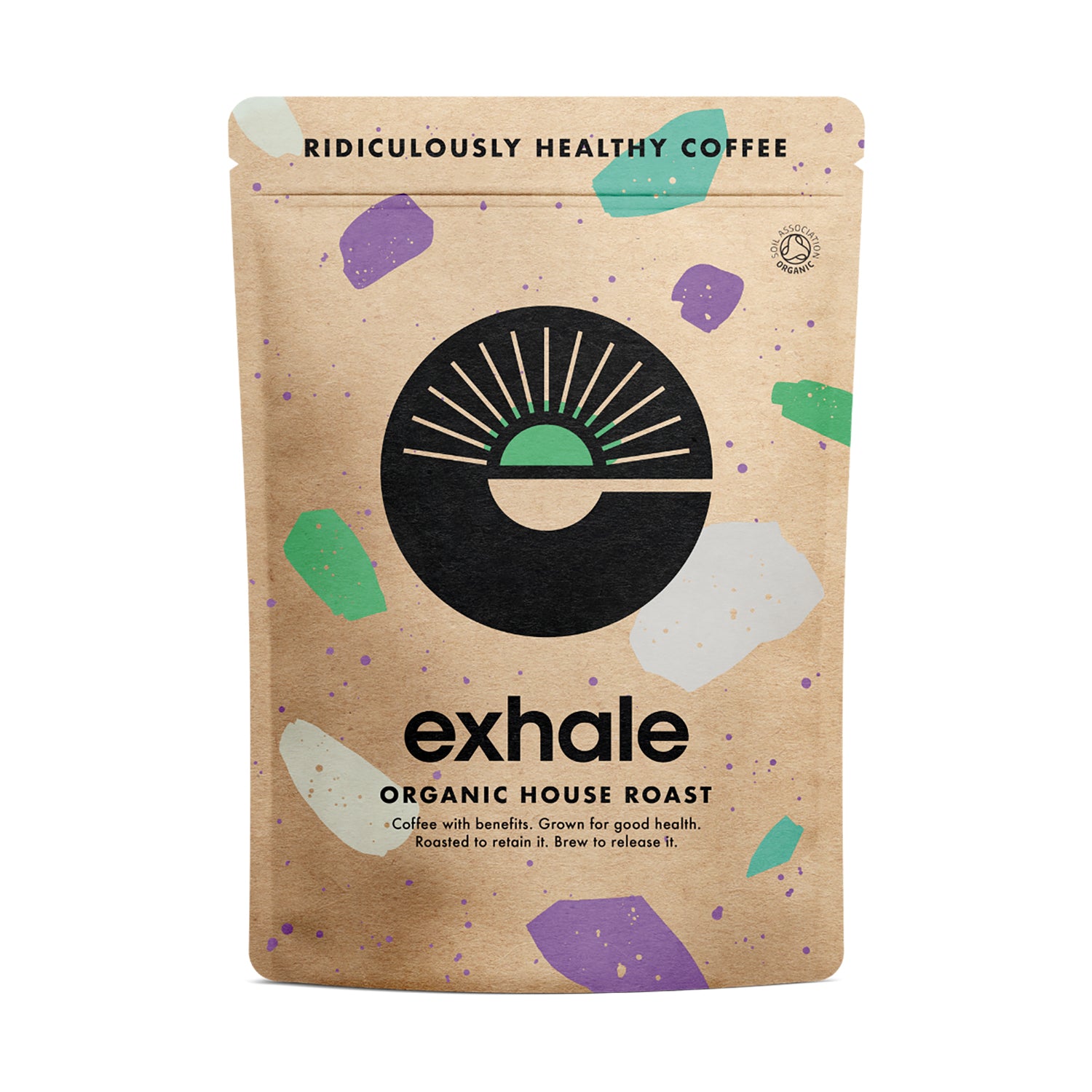 Packaging of Exhale Organic House Roast coffee with a design of abstract shapes in green, blue, and purple on a brown background.