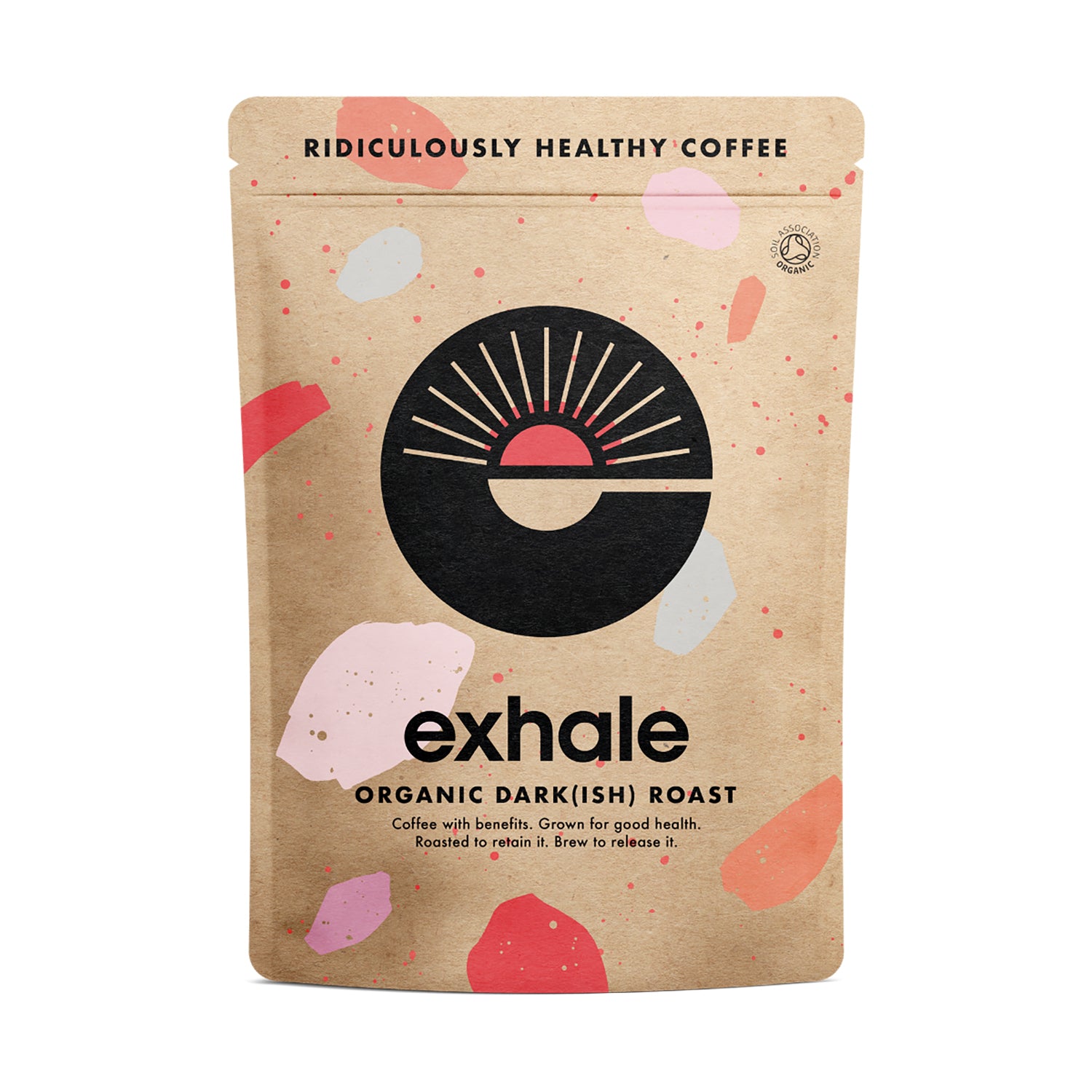 Exhale Organic Coffee, Dark(ish) Roast package with abstract shapes on a white background