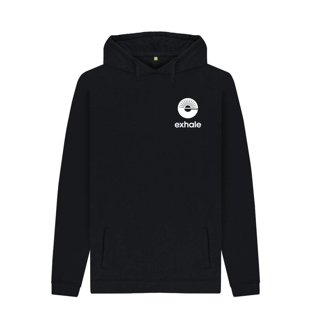 Black Exhale white logo on a black hoodie